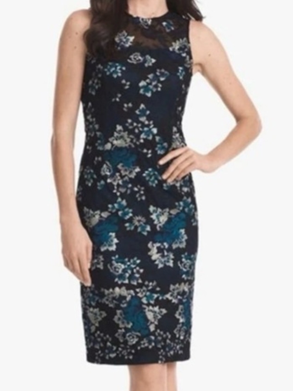 White House Black Market Navy & Teal Floral Midi Sheath Dress